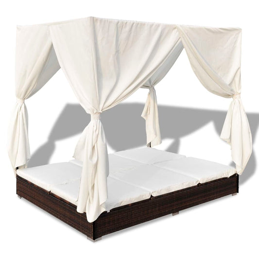 Outdoor Lounge Bed With Curtains Poly Rattan