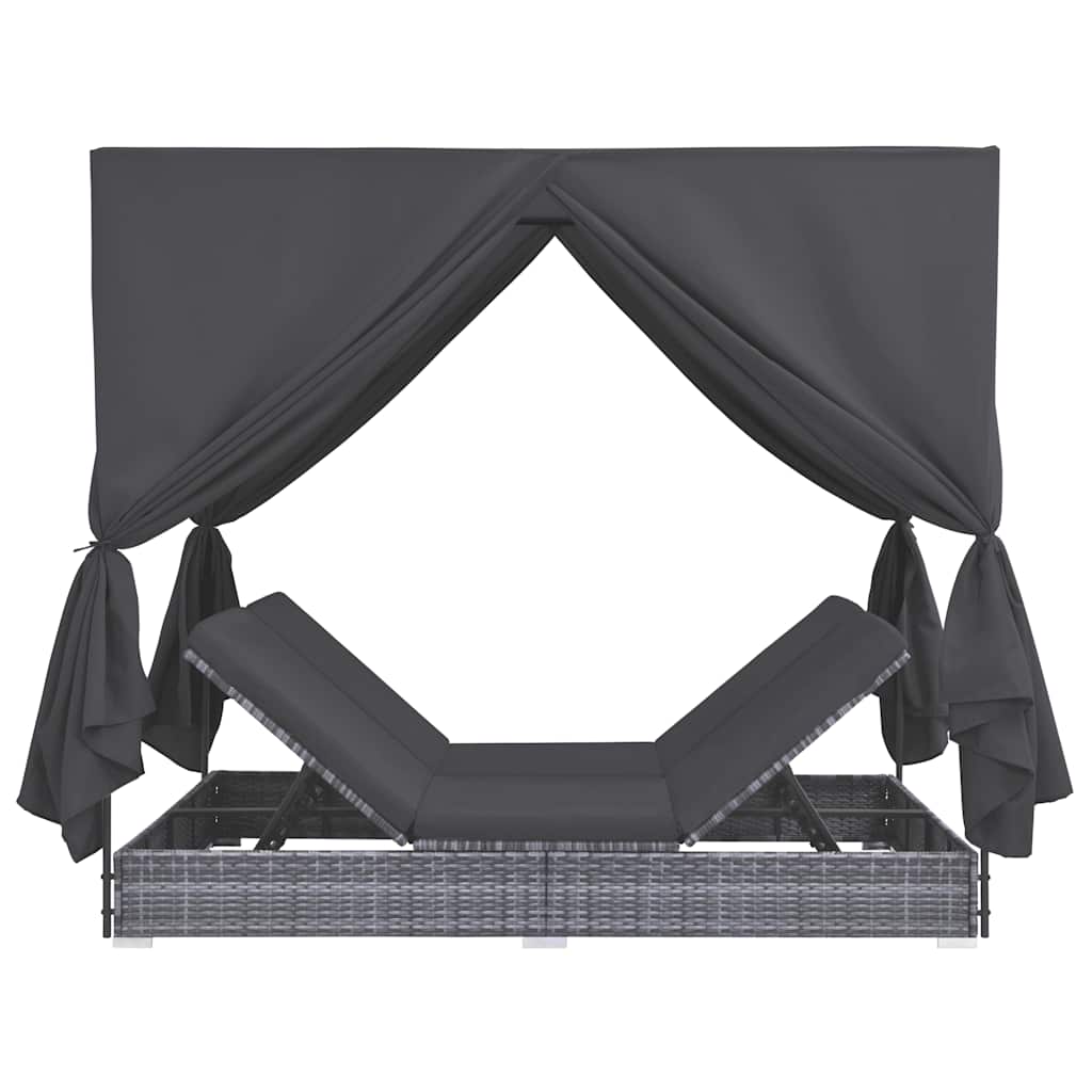 Outdoor Lounge Bed With Curtains Poly Rattan Grey