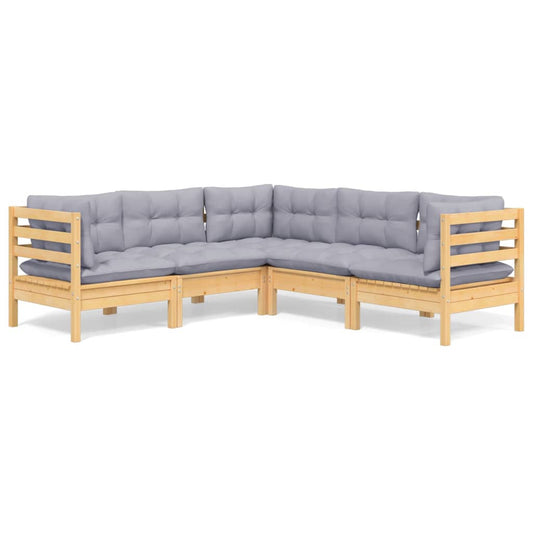 5 Piece Garden Lounge Set With Grey Cushions Solid Pinewood
