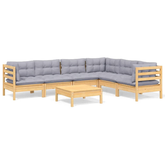 7 Piece Garden Lounge Set With Grey Cushions Solid Pinewood
