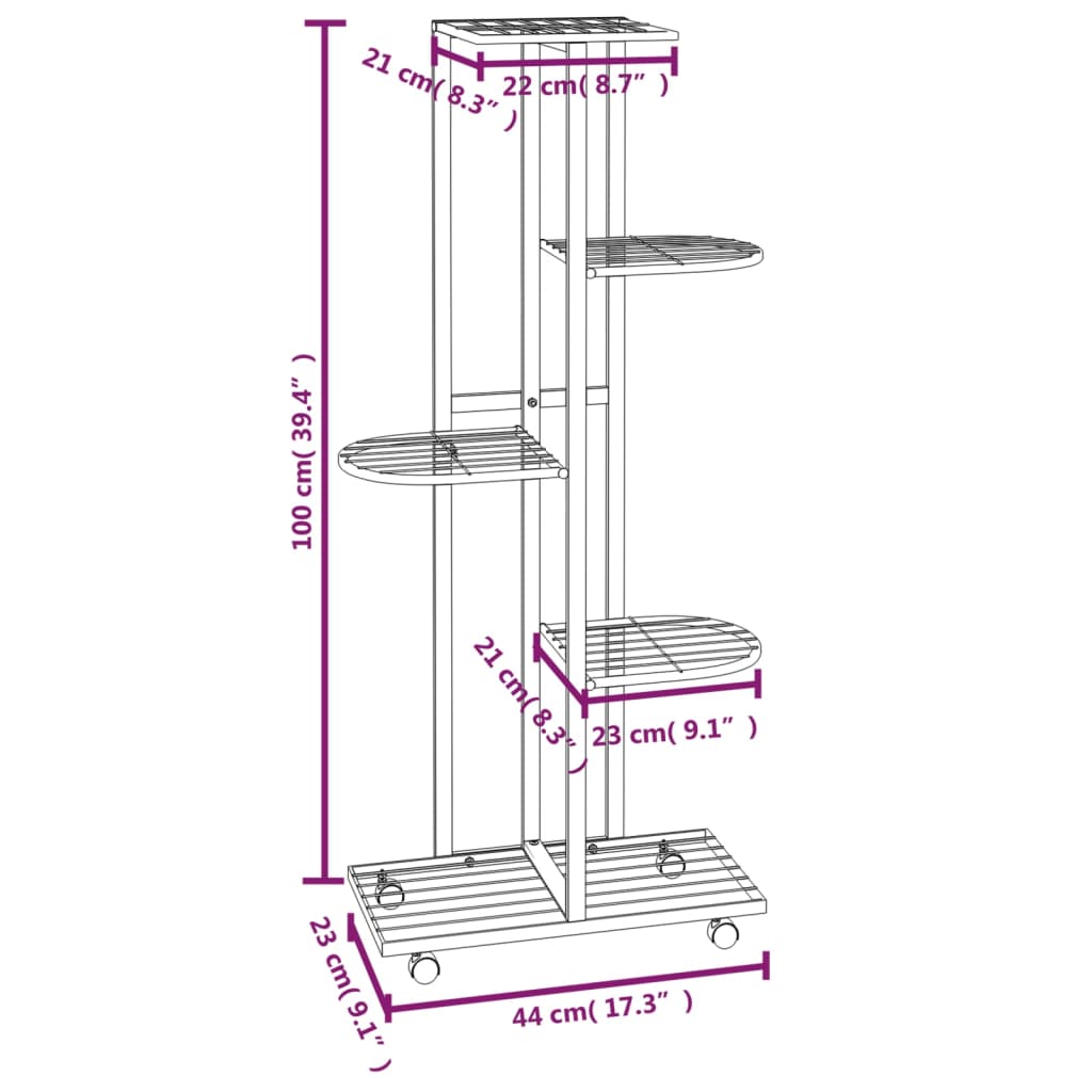 5-Floor Flower Stand With Wheels 44X23X100 Cm Iron