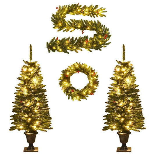 Artificial Christmas Trees 2 Pcs With Wreath, Garland And Leds