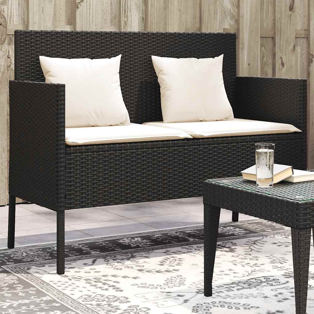 Garden Bench With Cushions Black Poly Rattan