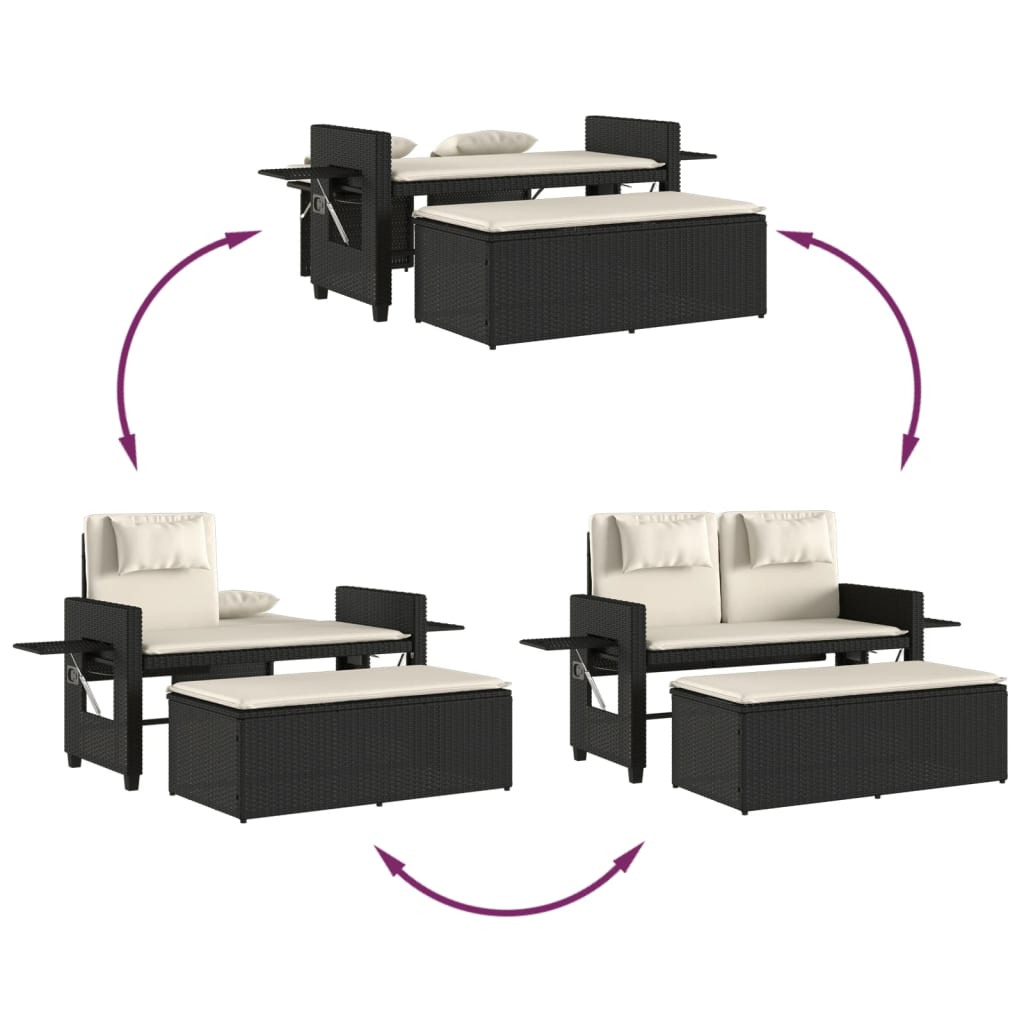 Reclining Garden Bench With Cushions Black Poly Rattan