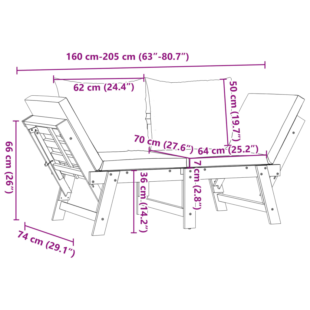 Garden Bench With Cushions 2-In-1 Solid Wood Acacia