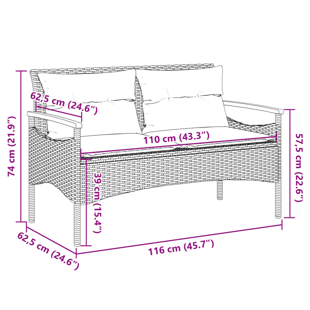 Garden Bench With Cushions 116X62.5X74 Cm Poly Rattan