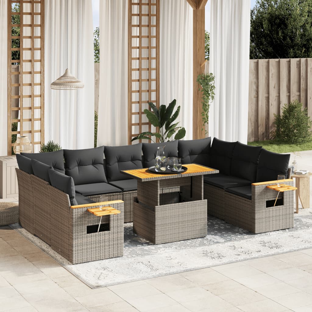 10 Piece Garden Sofa Set With Cushions Poly Rattan Acacia