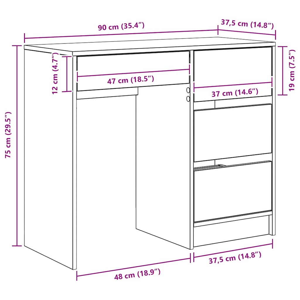 Desk With Drawer 90 X 37.5 X 75 Cm Engineered Wood