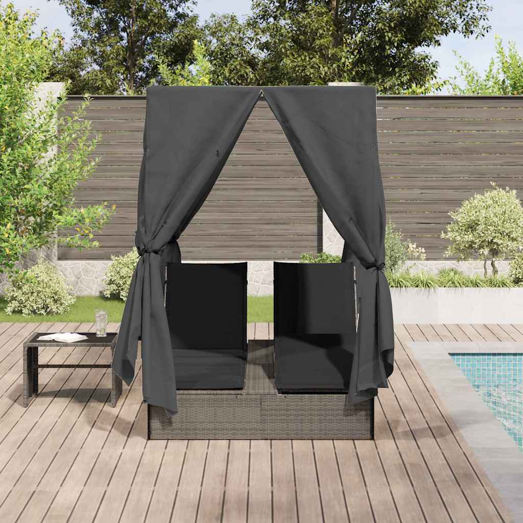 Double Sun Lounger With Roof Grey 205 X 129 X 200 Cm Pe Rattan