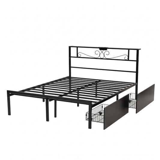 Artiss Queen Bed Frame with Charging Station & Storage Drawers Metal