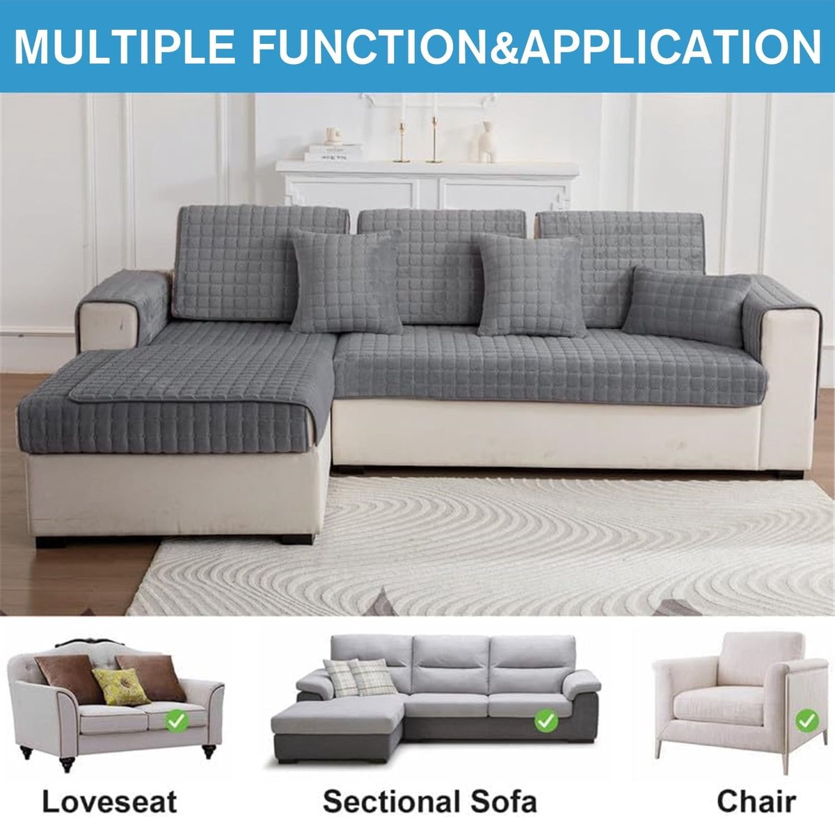 Sofa cover - Corner sofa cover - Flannel sofa cover - Winter sofa cover - Winter - Sofa cover - Corner sofa cover (1/2/3/4 seater) - L-shaped sofa cover - Grey - 70 x 90 cm