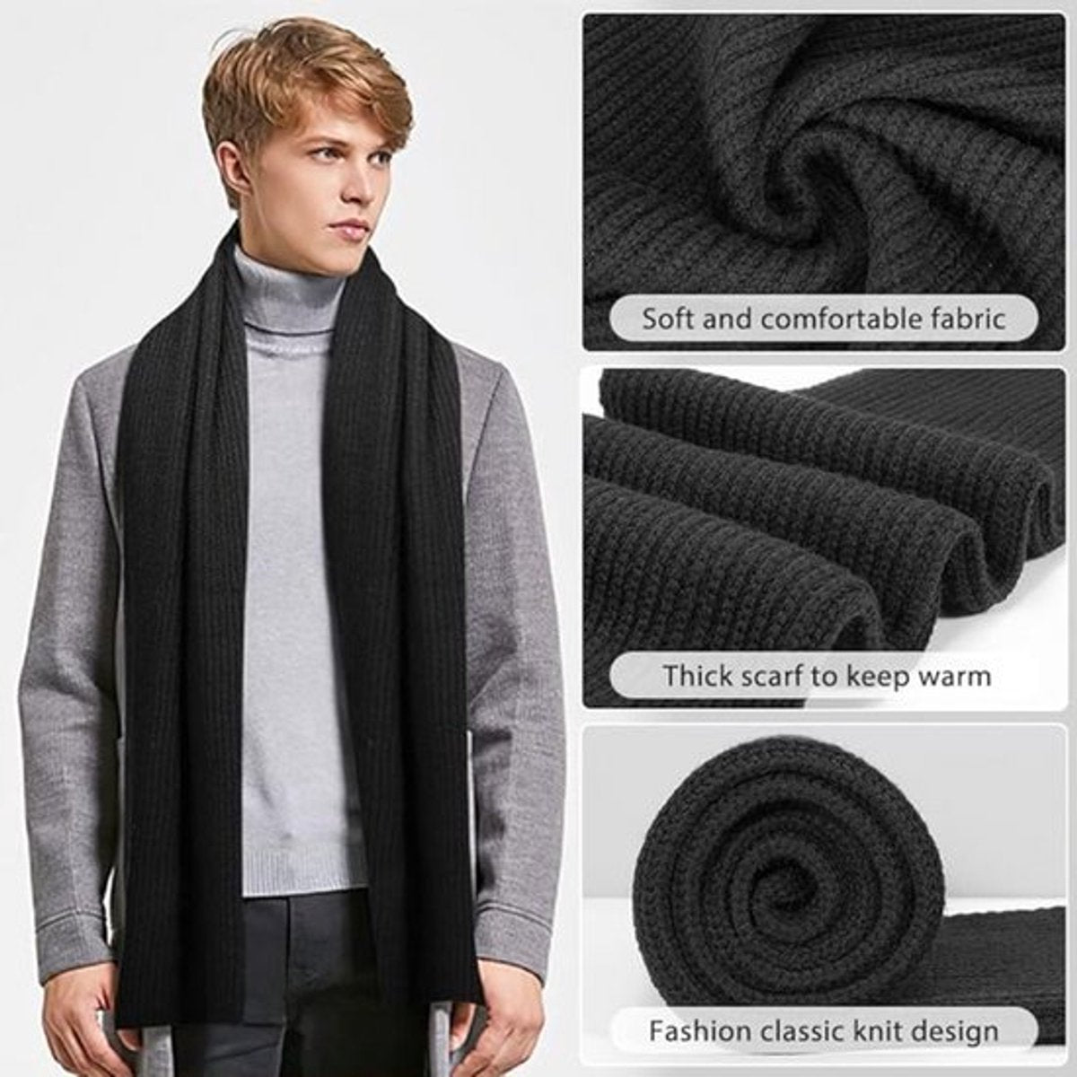 Women's scarves - Knitted scarves for women & men - Warm winter scarves - Small scarves - Unisex - Oblong scarf - Warm and soft winter scarf - Men's scarf - Women's scarf - Finely woven scarf - Classic scarf - Black - 160 x 30 cm