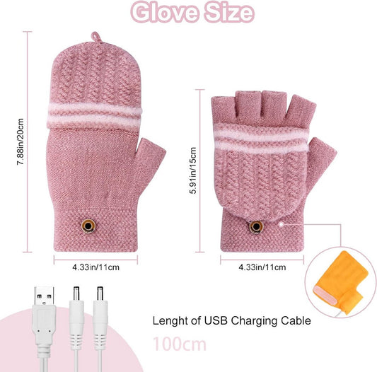 Heated Gloves - USB Heated Mittens - Heated Gloves - Electric Winter Gloves - Knitted Heated Gloves - Waterproof - Windproof - USB Rechargeable - Electrically Heated - One Size - Unisex - Winter Gift - Pink
