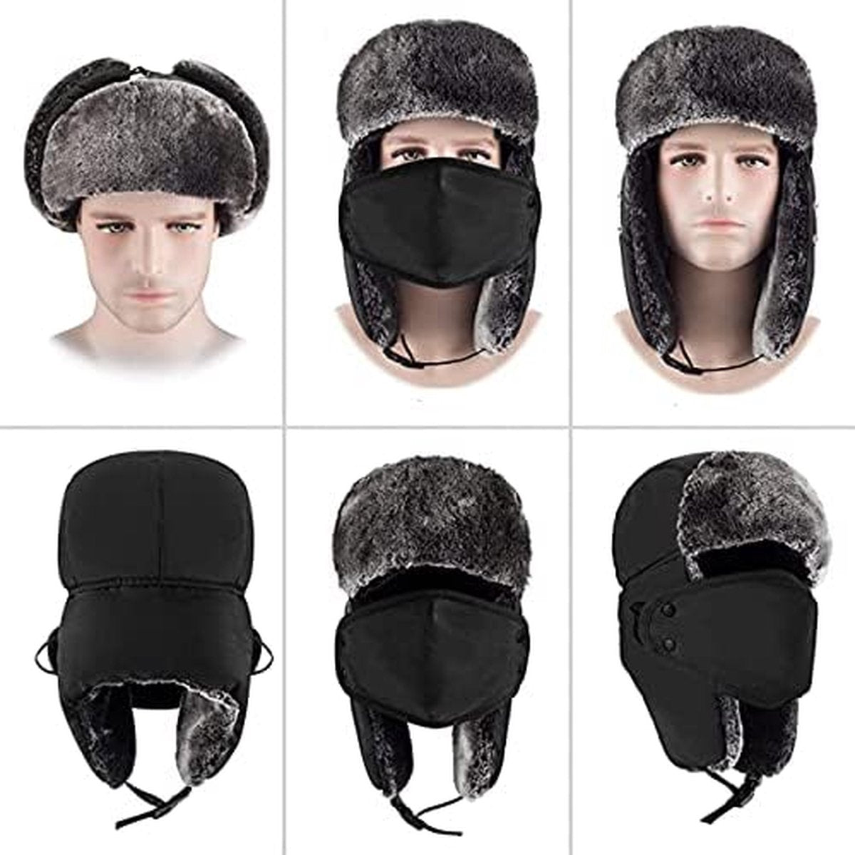 Winter Trapper Hat - Winter Hat Keeps Warm - Cotton Hat - Windproof Warm - For Snowboarding Skating Cycling - Soft Comfortable With Elastic - 3 In 1 - With Warm Ear Flap - Black - Size 55-60cm