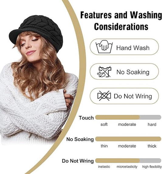 Ladies' Hat - Beanie Hat - Beret - Ladies' Beret - 2 Pieces - Knitted hat for ladies - Warm Winter Beret - Winter Hat - Warm Hats - Winter Hat with Brim - Winter - Fashion - Black/Beige