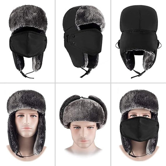 Beanie - men's beanie - Winter beanie - With Ear flaps and Face Mask - Winter Fur - Men's winter hat - Trapper hat - Black Ski Trooper - Snow Cap - Russian hat - Hunter's hat - Winter ear flap beanie - for cold weather - Black