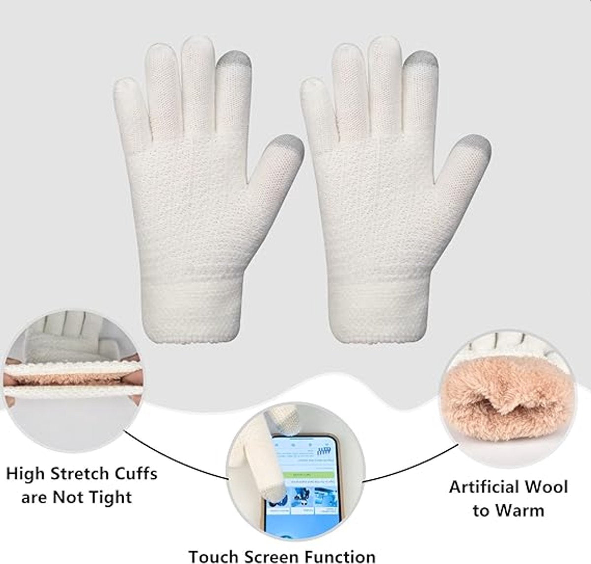 Hat with pompom, scarf and gloves - Three-piece Winter set - knitted fabrics - Warm Baggy Ski Hat - Winter Hat - Neck Warmer - Gloves - Touchscreen Gloves - for Outdoor play, skiing, motorcycling, windproof - for Men, Women - White