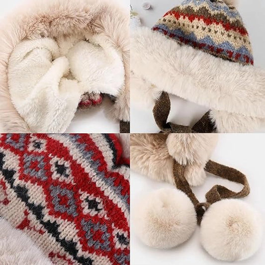 Hat - Thick wool knitted women's hat - Women's winter hat - Winter hat with pompoms - Warm wool lining - Aviator hat with earflaps - Christmas gift - Birthday gift (coffee color)