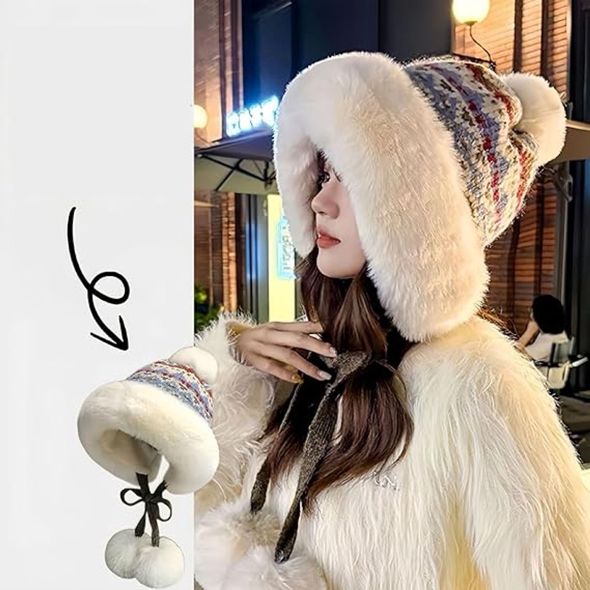 Hat - Thick wool knitted women's hat - Women's winter hat - Winter hat with pompoms - Warm wool lining - Aviator hat with earflaps - Christmas gift - Birthday gift (khaki)