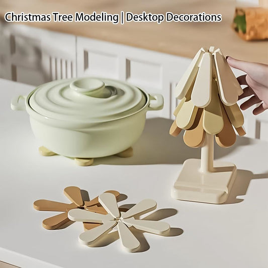 Christmas Tree Set of 4,Trivets for Hot Dishes, Natural Foldable Kitchen Tree Shape for Pots, Pans, Bowls & Teapots,Heat-Resistant, Space-Saving, Kitchen Decor Placemats (A, Round)