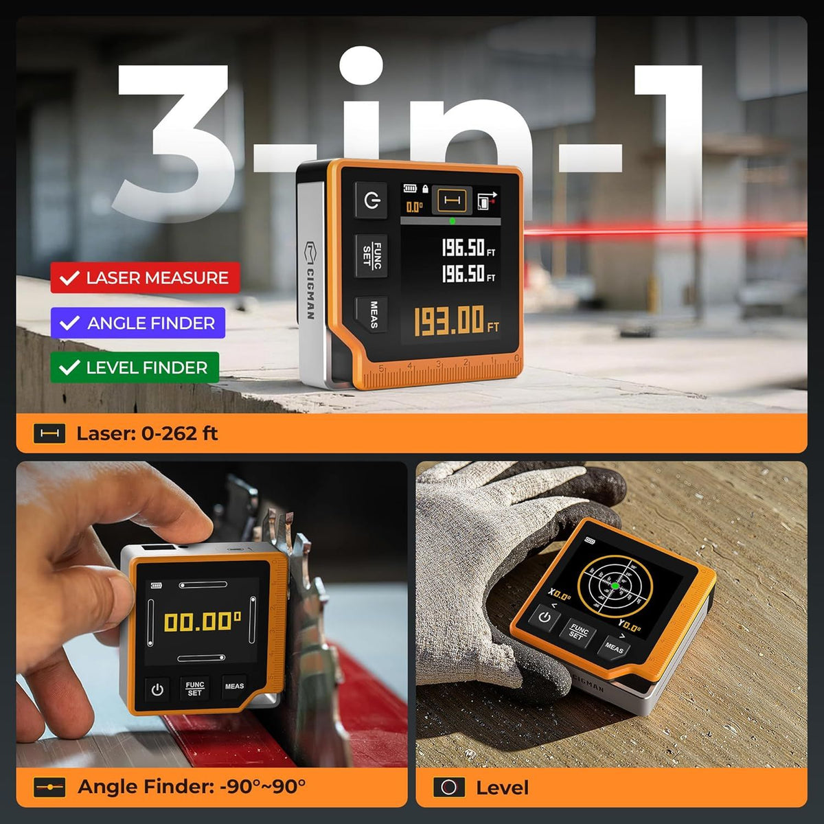 Laser Measuring Tool, 262ft Laser Measure with Digital Angle Finder & Level, Magnetic Rechargeable Laser Measurement Tool with 2.4'' Color Backlit Display, 6 Units, Length/Area/Volume/Pythagorean Mode