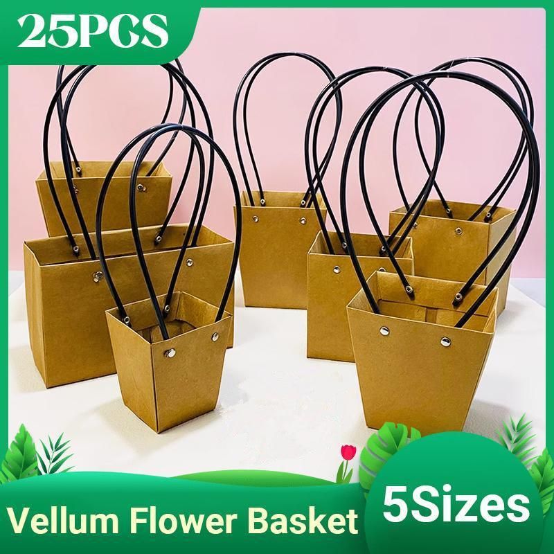 25x Kraft Paper Bag Flowers Waterproof Bouquet Basket Gift Box With Handle - 25PCS-Sq Big