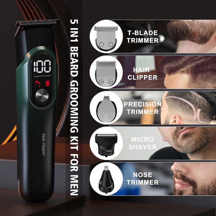 Green 5-in-1 Digital Display Hair Clipper Set - Adjustable Multifunctional Trimmer for Hair, Beard, and Precision Grooming