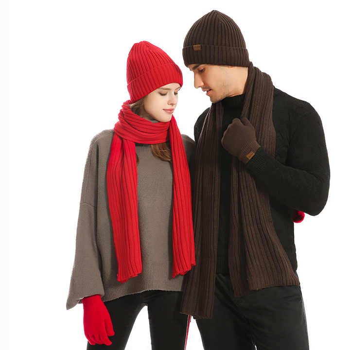 Dark Grey Men's 3-Piece Winter Warm Ribbed Knit Beanie Hat Scarf and Gloves Set