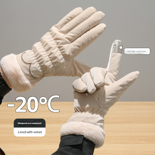 Beige Elegant Women's Thermal Winter Gloves - Waterproof & Windproof Touchscreen Gloves with Faux Fur Cuff