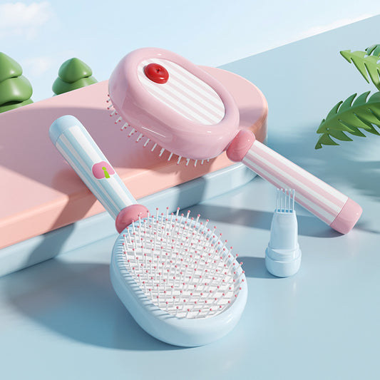 Blue 3-Piece Aesthetic Hair Brush Set - Detangling Air Cushion & Volumising Roller Comb with Hidden Cleaning Claw - Scalp Massage Styling Kit