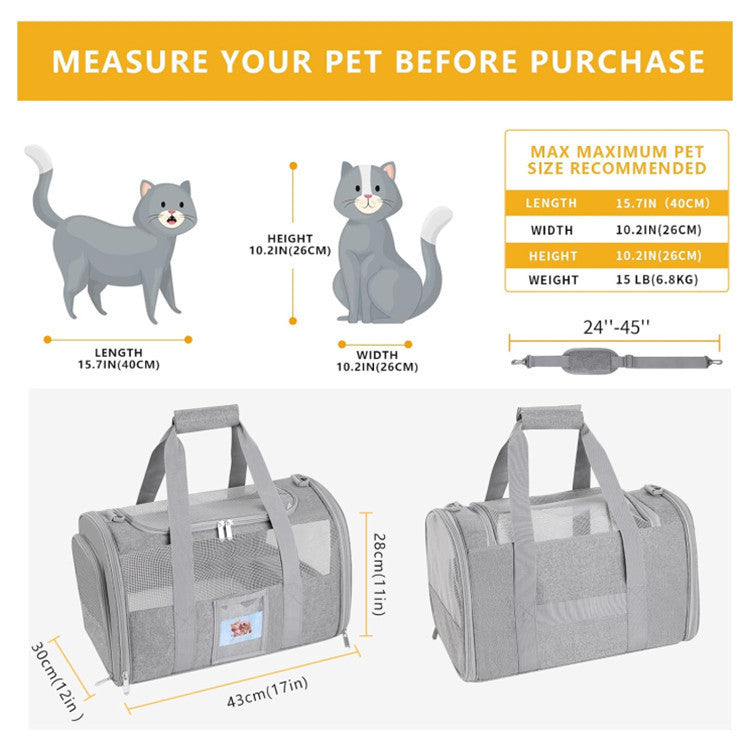 Grey Large Cat & Small Dog Carrier - Soft-Sided, Foldable & Breathable Pet Travel Bag (43x30x28 cm)