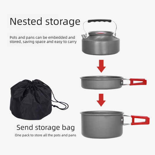 Portable Camping Cookware Set for 3-5 People Aluminum Kettle Pot Frying Pan Mess Kit with Folding Handles for Hiking and Outdoor Use