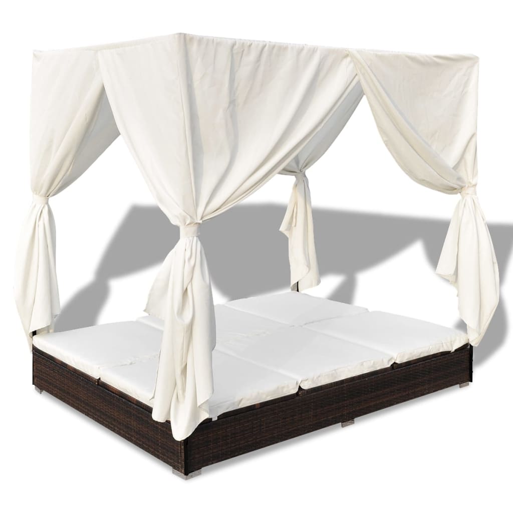 Outdoor Lounge Bed With Curtains Poly Rattan