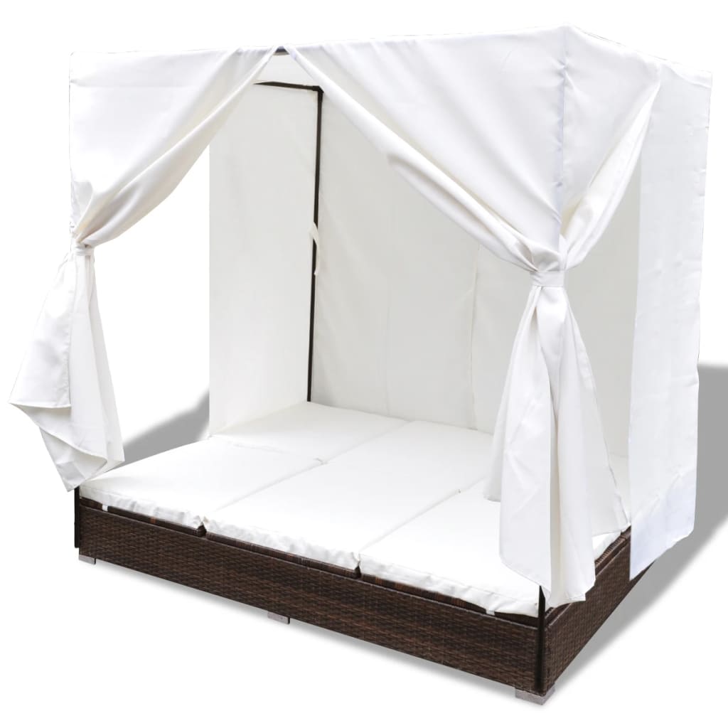 Outdoor Lounge Bed With Curtains Poly Rattan