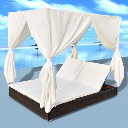 Outdoor Lounge Bed With Curtains Poly Rattan