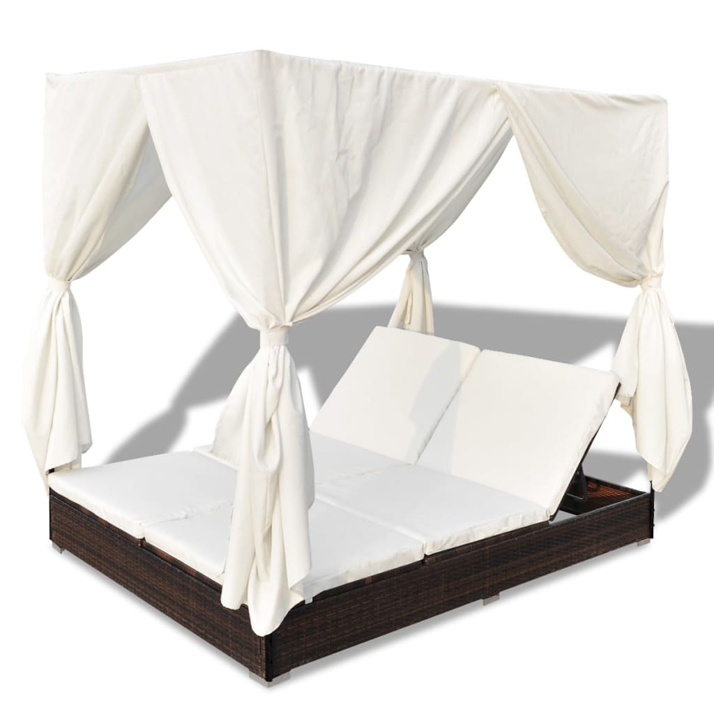 Outdoor Lounge Bed With Curtains Poly Rattan