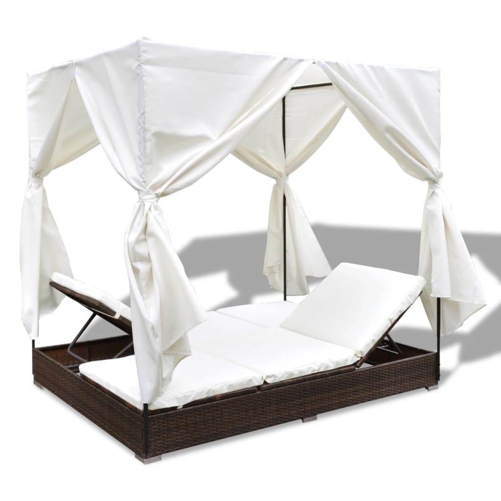 Outdoor Lounge Bed With Curtains Poly Rattan