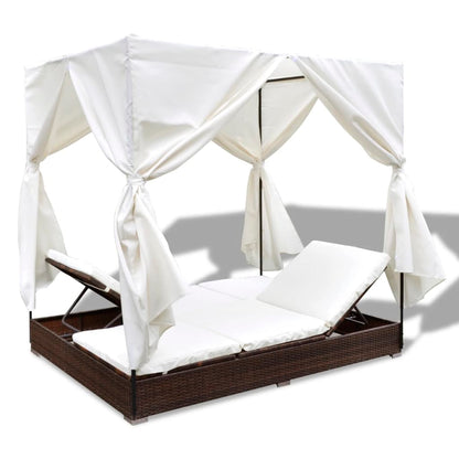 Outdoor Lounge Bed With Curtains Poly Rattan