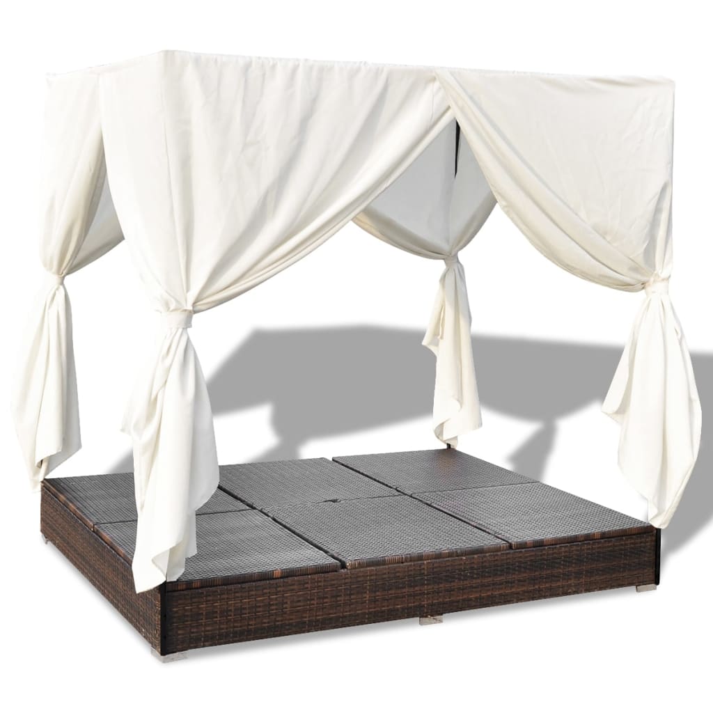 Outdoor Lounge Bed With Curtains Poly Rattan