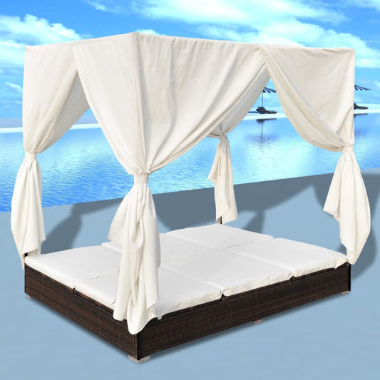 Outdoor Lounge Bed With Curtains Poly Rattan