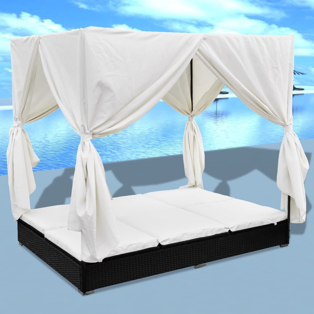 Outdoor Lounge Bed With Curtains Poly Rattan