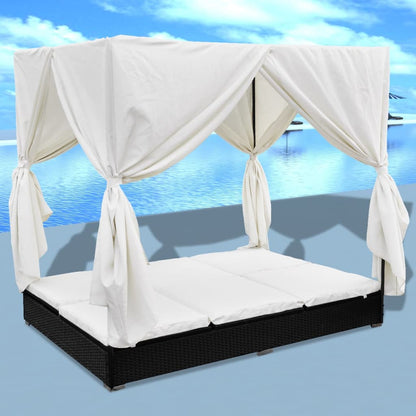 Outdoor Lounge Bed With Curtains Poly Rattan