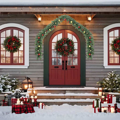 Christmas Garland Decorated With Baubles And Led Lights
