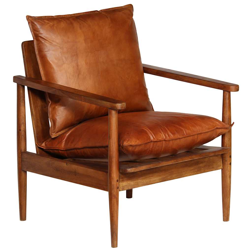 Armchair Real Leather With Acacia Wood