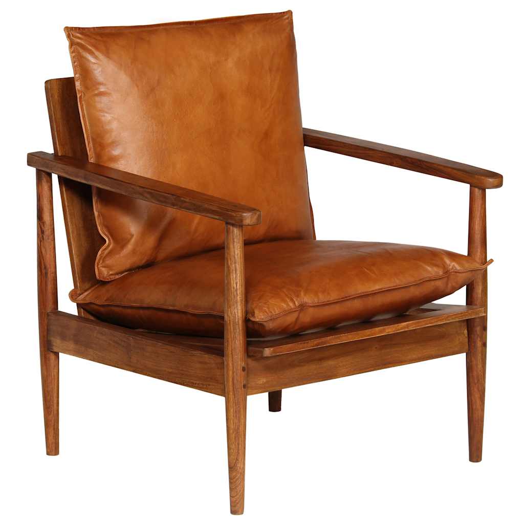 Armchair Real Leather With Acacia Wood