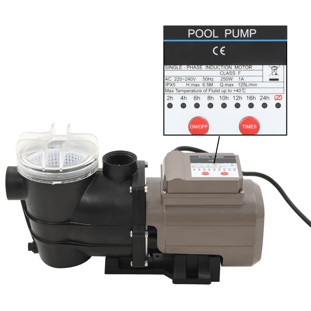 Pool Pump With Timer Black 0.25 Hp 8000 L/H