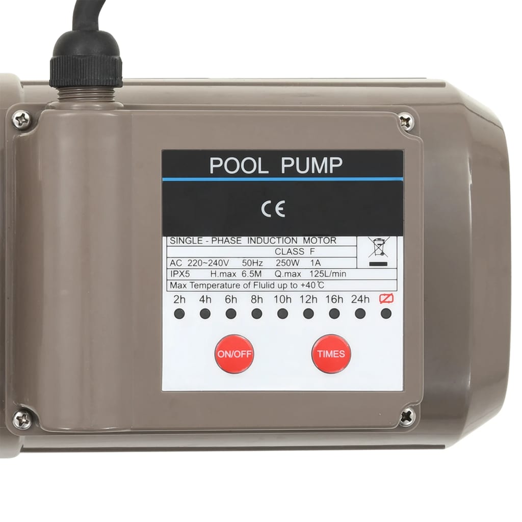 Pool Pump With Timer Black 0.25 Hp 8000 L/H