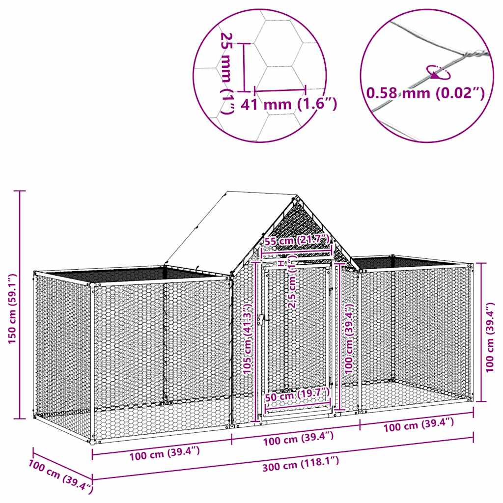 Chicken Coop 3X1X1.5 M Galvanised Steel