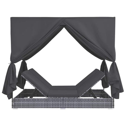Outdoor Lounge Bed With Curtains Poly Rattan Grey