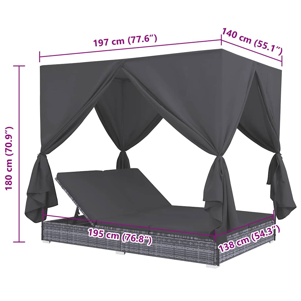Outdoor Lounge Bed With Curtains Poly Rattan Grey